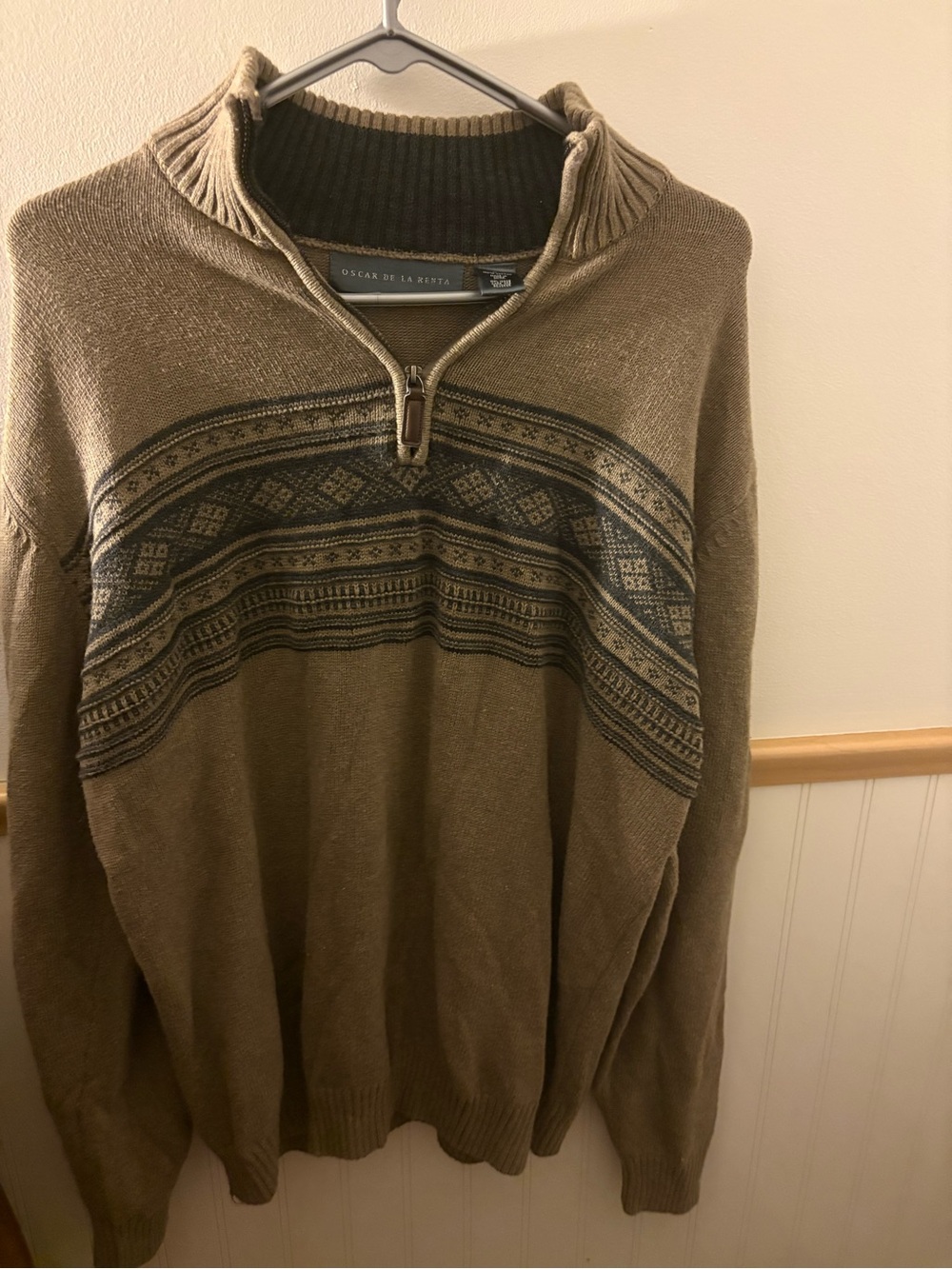 Oscar de la Renta Men’s Large Brown Fair Isle Quarter-Zip Sweater